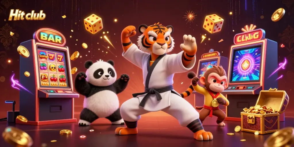 Experience the thrill of the Hit club with dynamic characters celebrating a jackpot amidst vibrant casino elements.
