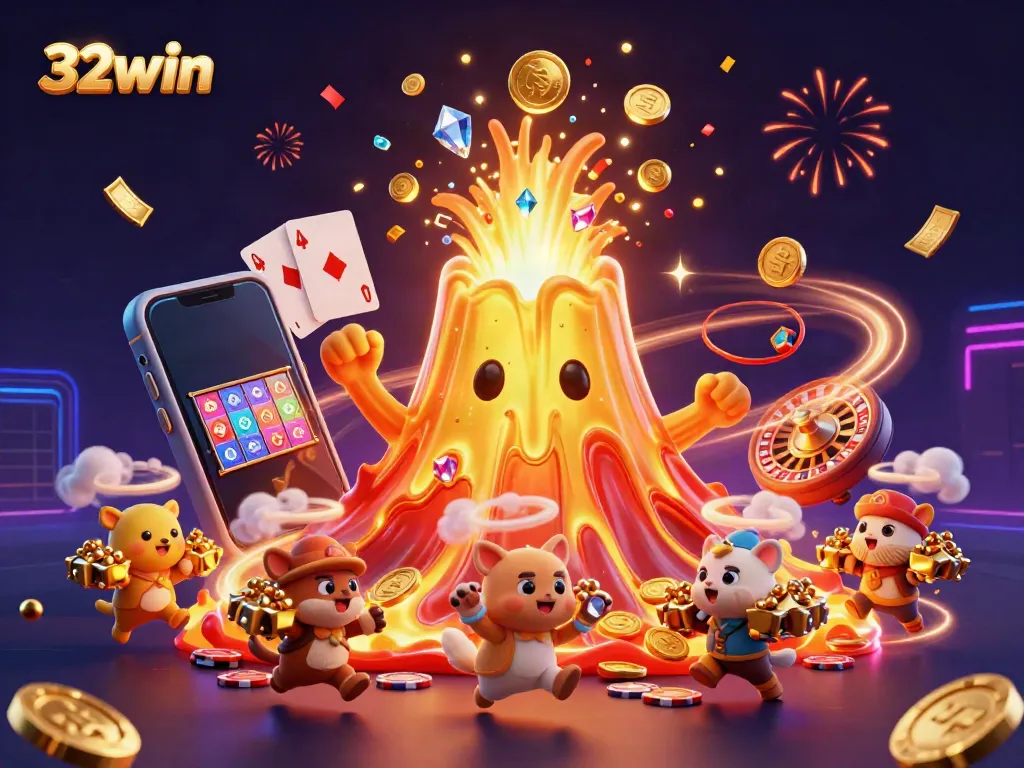 Experience the excitement of treasure hunting in 32win's vibrant gaming scene with erupting coins and lively characters.