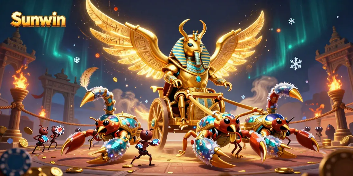 Sunwin gamers enjoy an epic scene with a golden scarab and scorpions, packed with vibrant casino elements.
