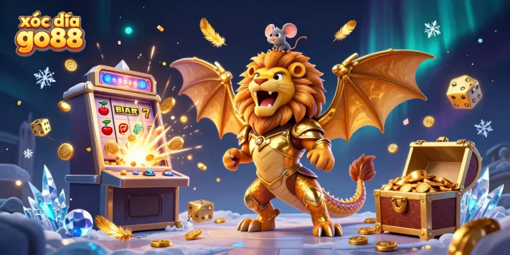 Immerse in xóc đĩa go88 featuring a majestic chimera and lush casino elements bursting with energy.