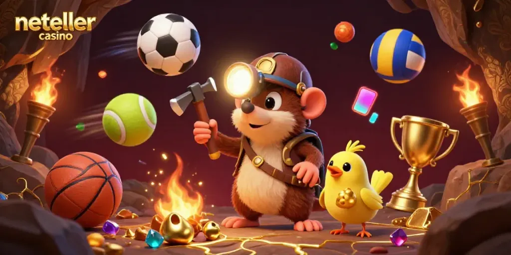 Experience thrilling gameplay at a neteller casino, featuring vibrant sports balls and the treasure hunter mole.