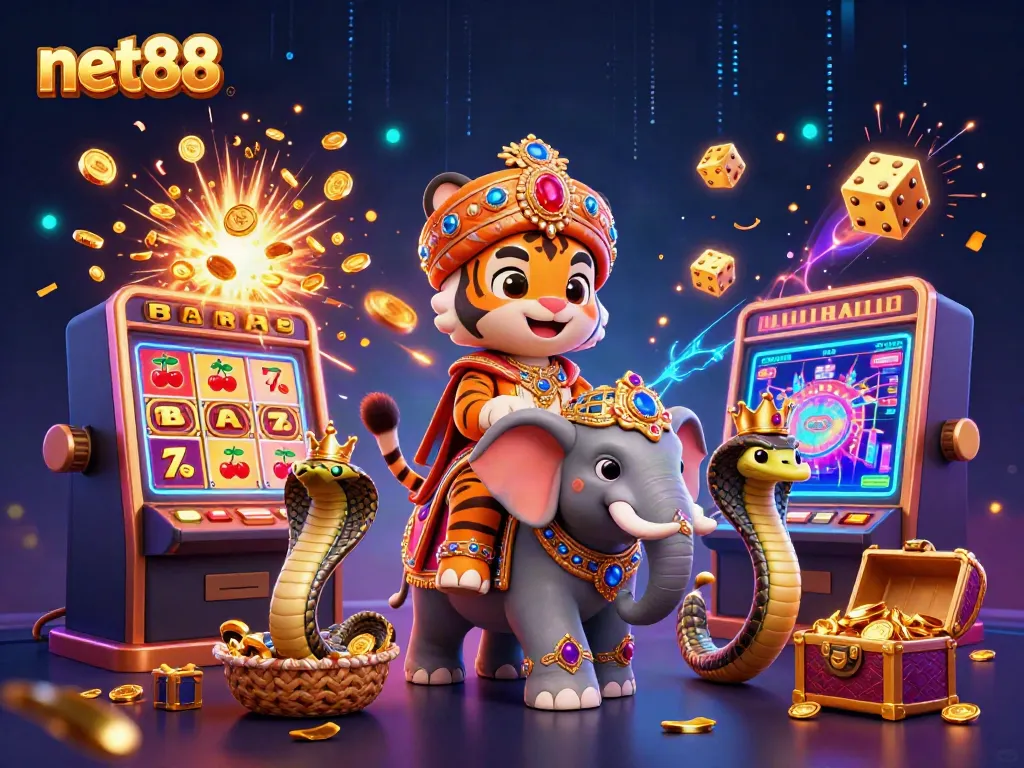 Experience the thrill of net88 with a vibrant 3D scene featuring a tiger, elephant, and jackpot celebration.