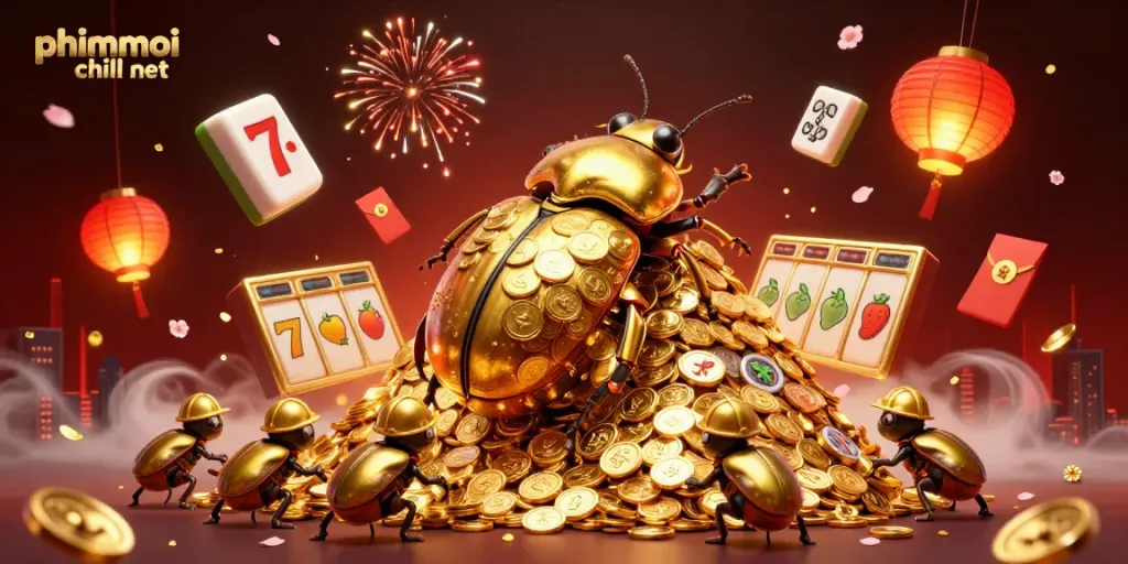 Engage with phimmoi chill net in a vibrant casino scene showcasing golden beetles and dynamic slot elements.