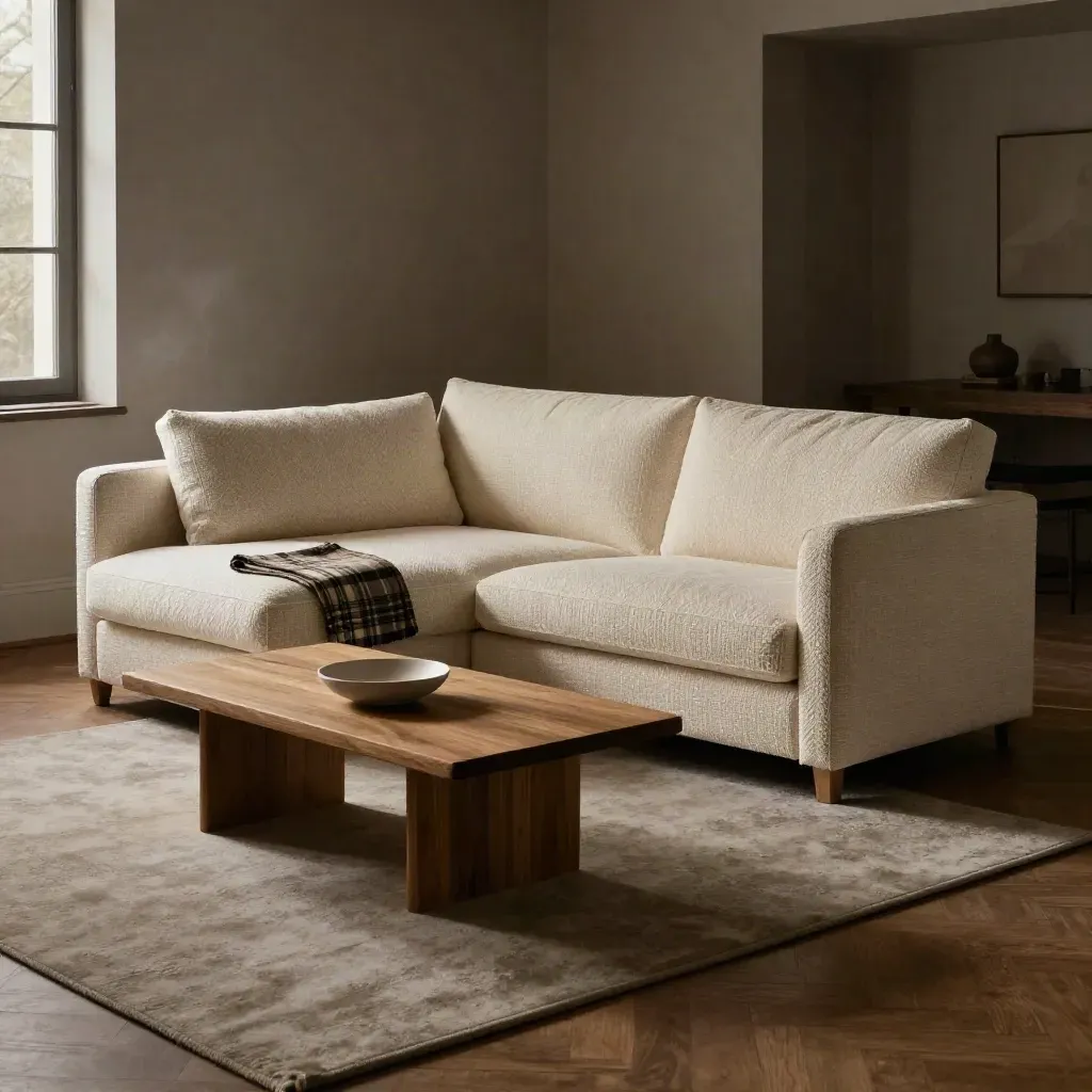 Modulaire hoekbank met plaid, salontafel en schaal in een donkere stijlvolle woonkamer.