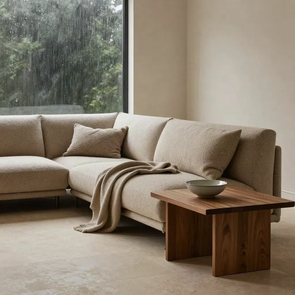 Modulaire hoekbank met kussens, houten tafel en regenachtig raamlicht in een rustige woonkamer.