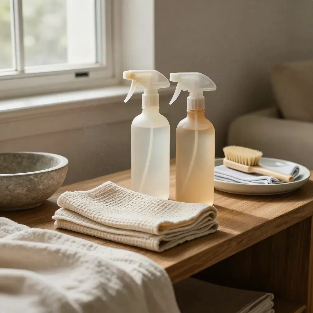 Stijlvolle vlekkenspray-set op een houten sidetable in een rustige woonkamer