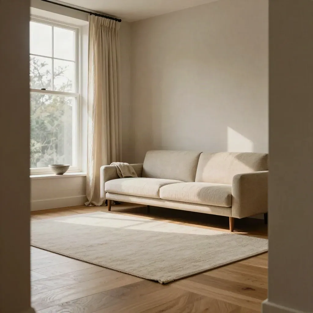 Stille hoekbank in een dubbele woonkamer met eiken vloer en linnen gordijnen.