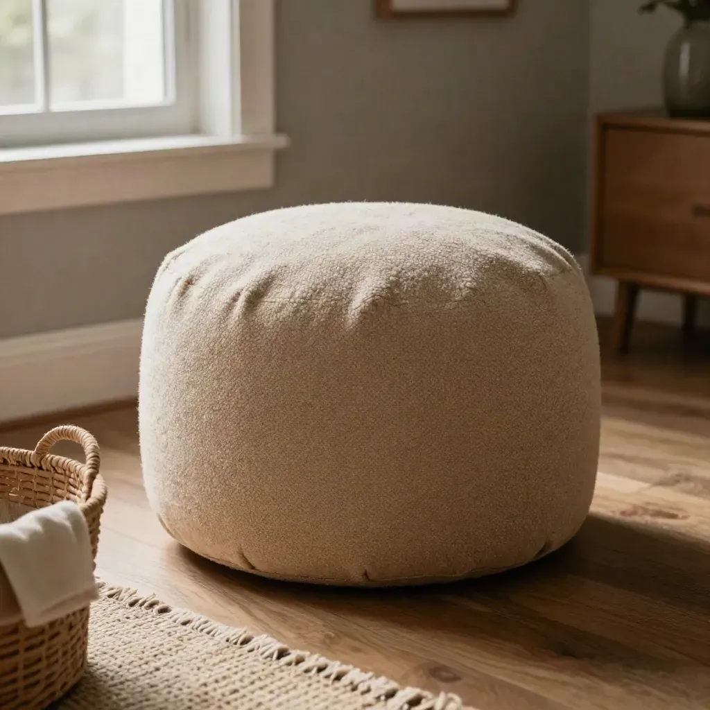 Beige bouclé poef in een rustige familiekamerhoek met kleed en mand, zacht natuurlijk licht