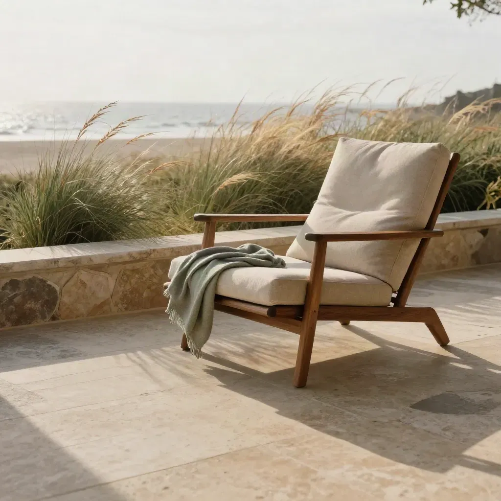 Rotan lounge chair op zonnig kustterras met duingras en zachte goudtinten