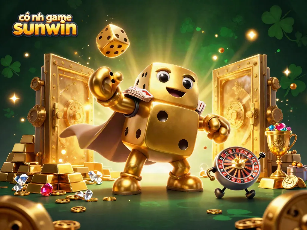 Experience thrilling gameplay at cổng game sunwin with this vibrant 3D casino illustration showcasing golden dice and treasures.