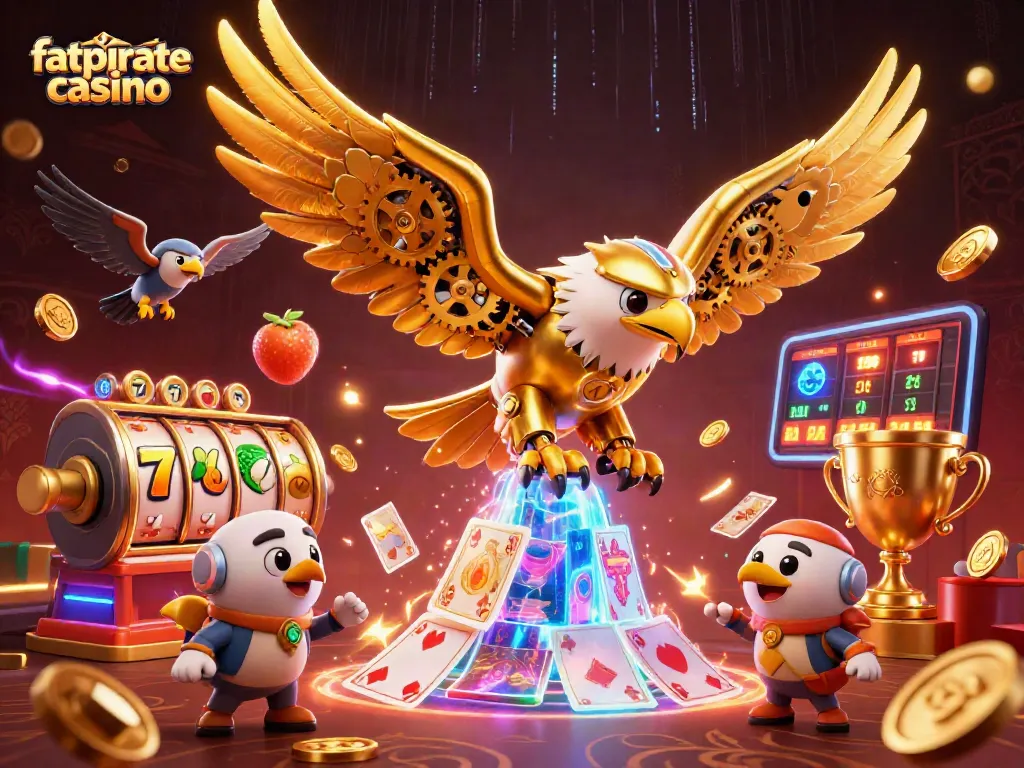 Experience excitement at fatpirate casino with a cybernetic eagle, holographic cards, and rich casino elements.