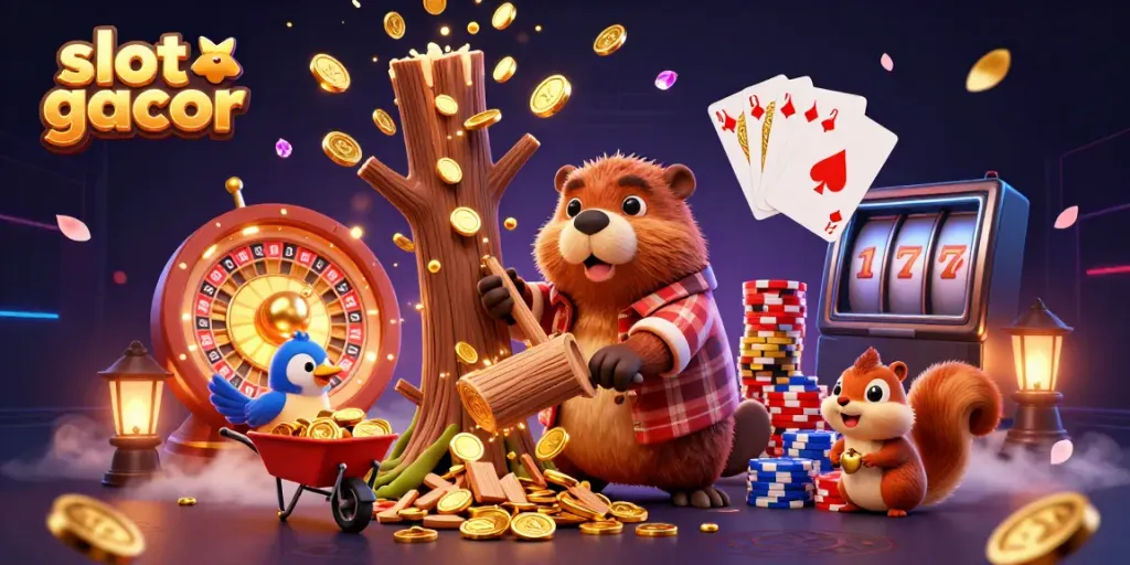 Experience exciting slot gacor wins with a vibrant casino scene featuring animated characters and golden coins.