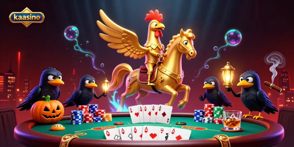 Kaasino casino features a golden rooster with a glowing head amidst colorful poker elements.