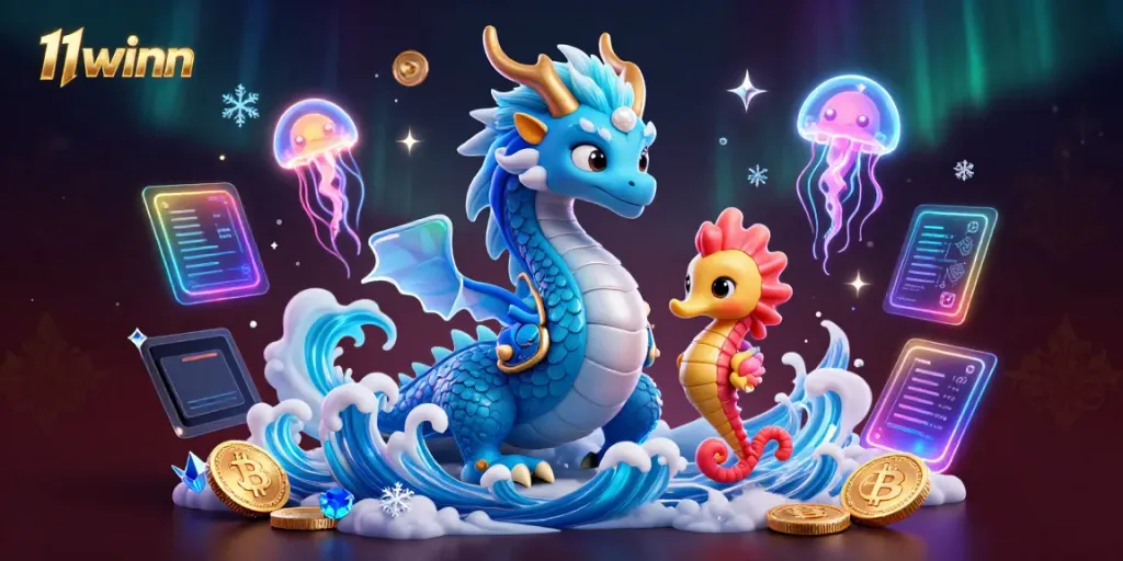 Bet on 11winn with vibrant casino-themed characters and crypto elements in an engaging scene.