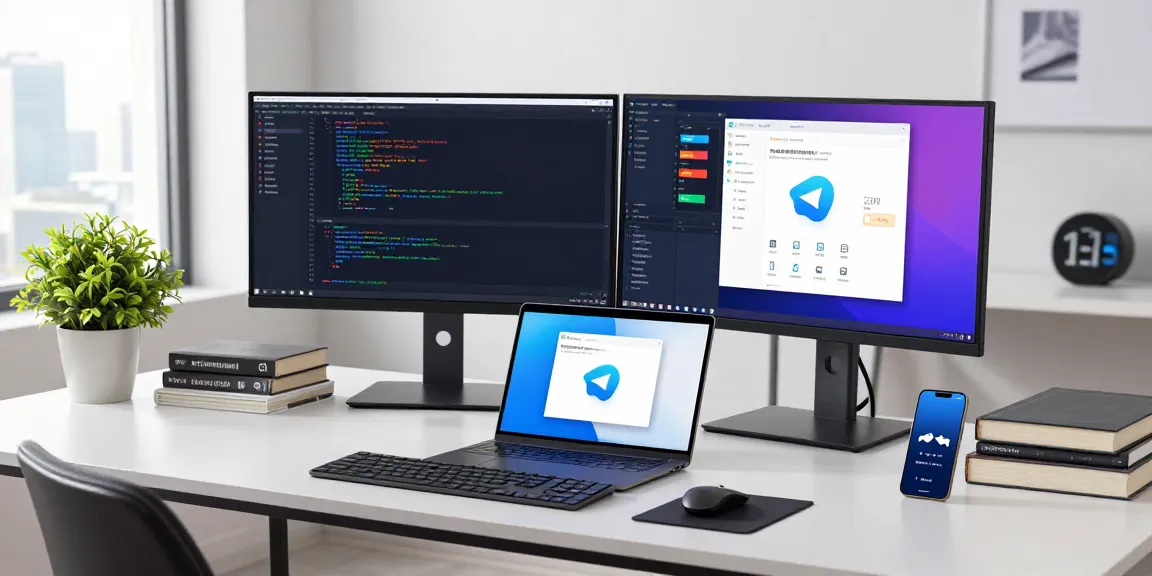 Download Telegram app displayed on dual monitors in a modern tech workspace with natural lighting.