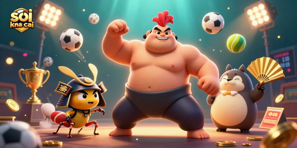 Soi keo nha cai featuring vibrant 3D cartoon sumo wrestler, fierce cricket, and tanuki announcer with dynamic sports elements.