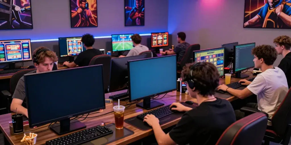 Enthusiastic players engaging at DA88 online gaming platform, showcasing vibrant slot games and a lively atmosphere.