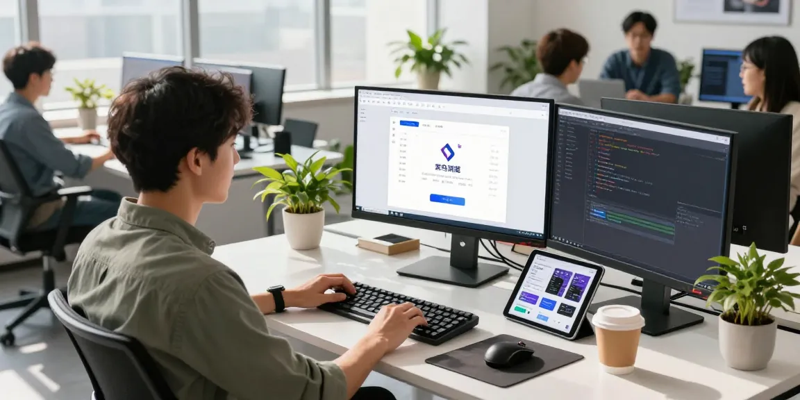 开发紫鸟浏览器的现代办公室环境，显示高效开发和团队合作氛围。