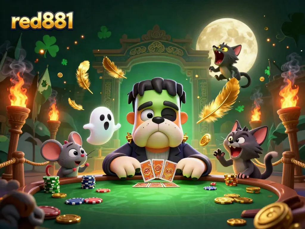 Experience thrilling games at red881 with a lively scene featuring a bulldog monster dealing cards amid a vibrant casino atmosphere.