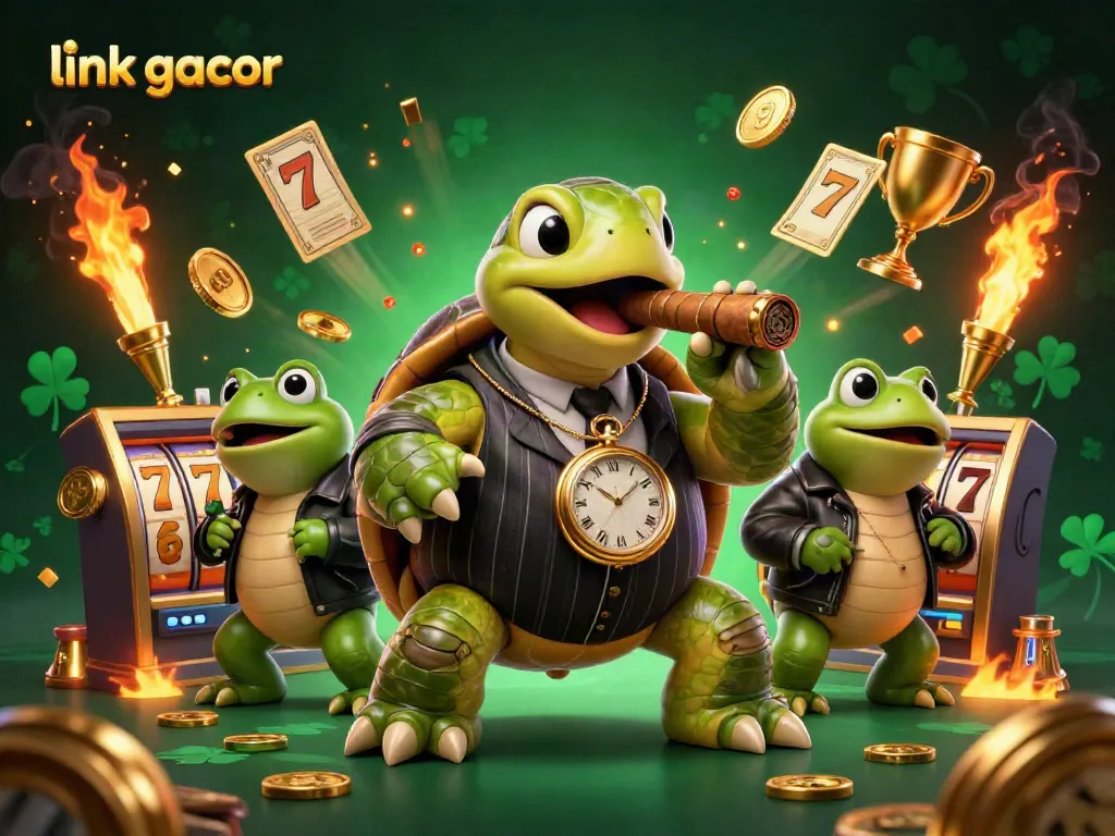 Engage with the exciting link gacor scene featuring a snapping turtle mobster and bullfrog enforcers in a vibrant casino atmosphere.