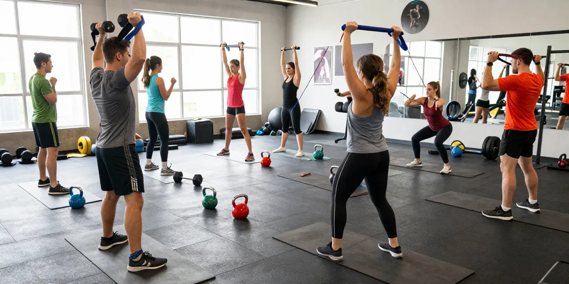 Een actieve gymscene met deelnemers die trainen met Unique Pharma Steroïden Winkel producten, uitgerust met gewichten en weerstandsbanden.