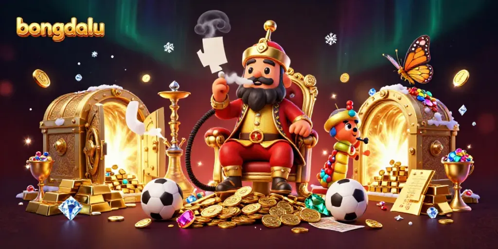 Bongdalu sports betting scene showcasing an enormous caterpillar master with a poker hand while surrounded by treasures.