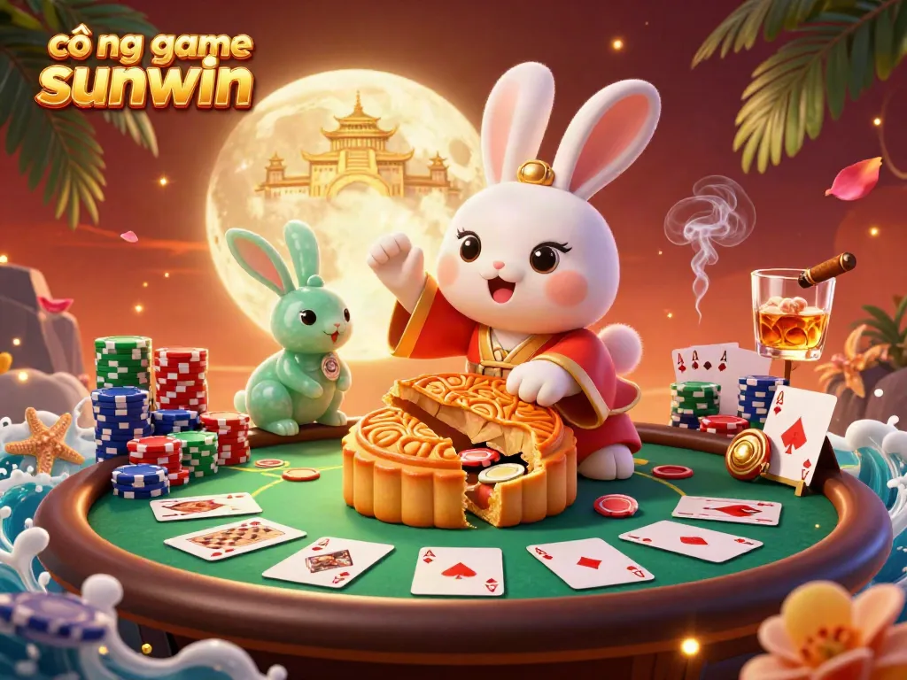 Engage with the cổng game sunwin as playful rabbits uncover poker chips on the moon in this vibrant digital art.