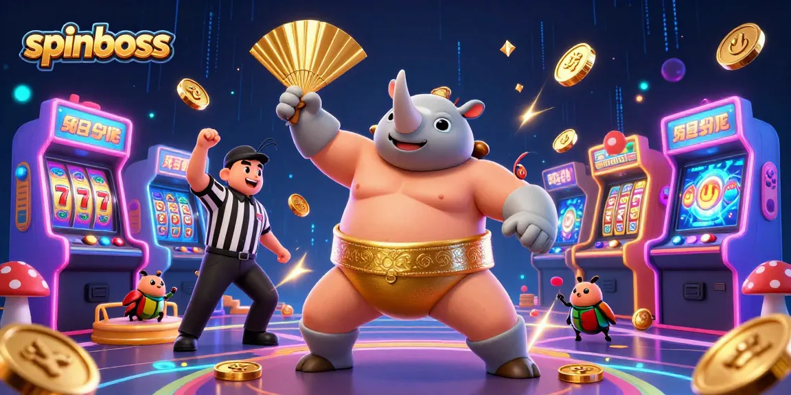 spinboss rhinoceros beetle champion stomping coins, surrounded by vibrant casino gaming elements