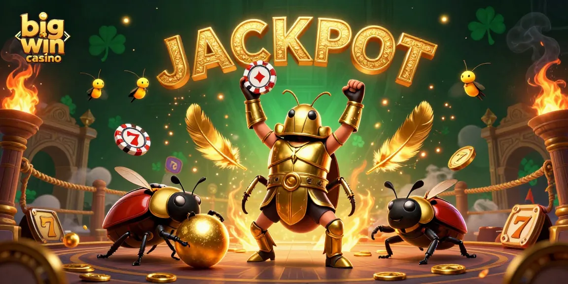 Experience big win casino excitement with vivid 3D illustration of a victorious beetle and dynamic casino symbols.